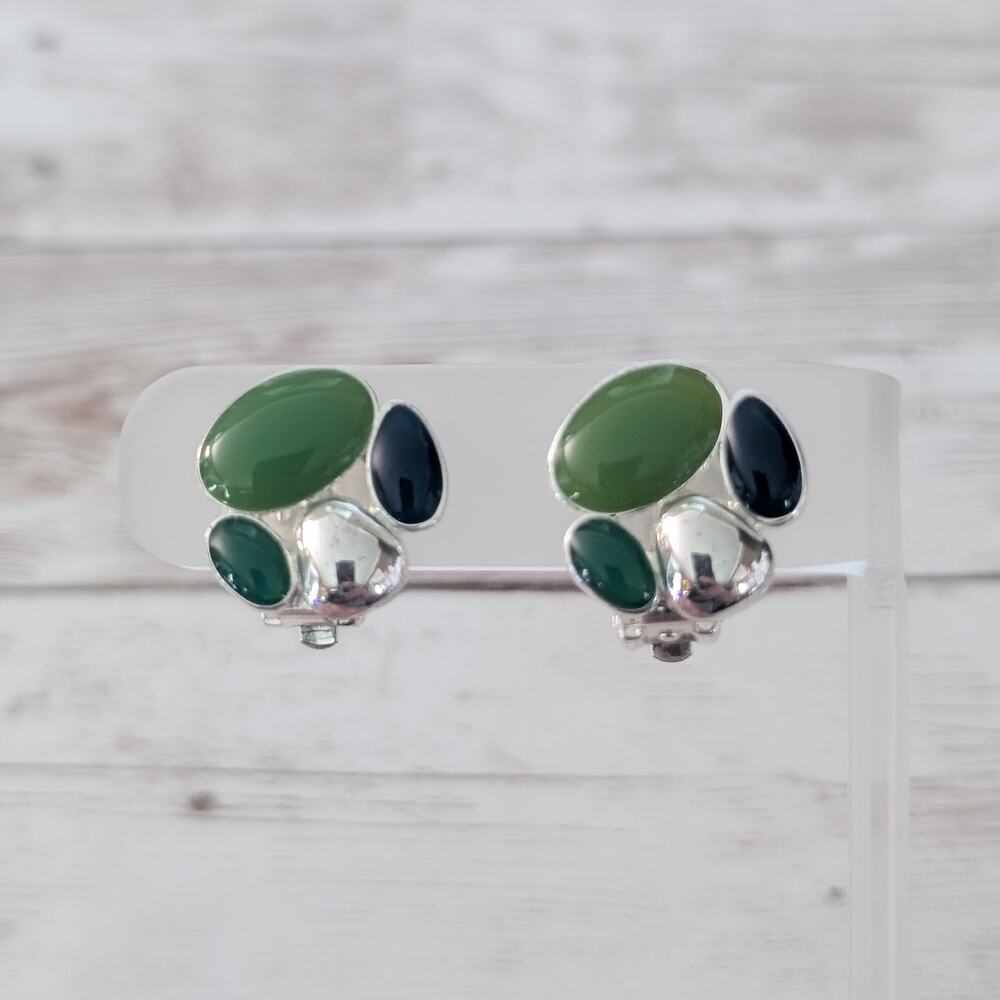 Vintage Clip On Earrings Silver Tone with Shades of Green